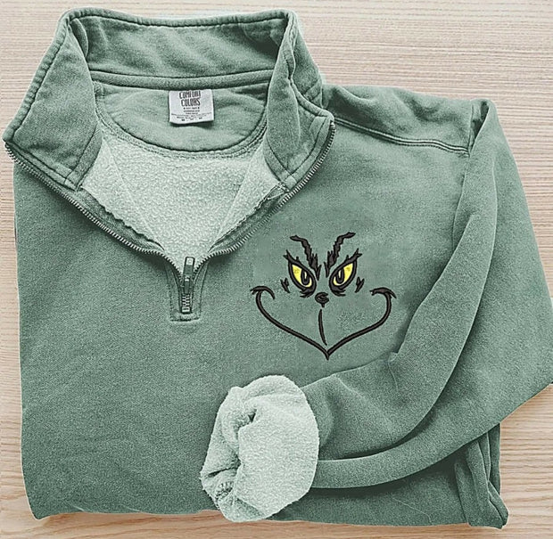 Embroidered Grinch Quarter Zip Pullover