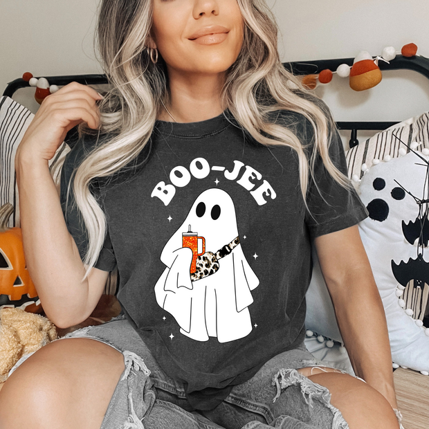 BOO-JEE GHOST FAUX GLITTER STANLEY CUP ADULT SHORT SLEEVE SHIRT