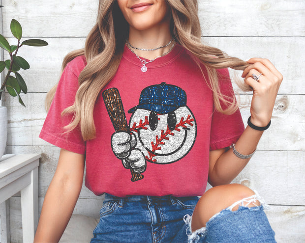 ADULT FAUX GLITTER BASEBALL WITH BAT SHORT SLEEVE