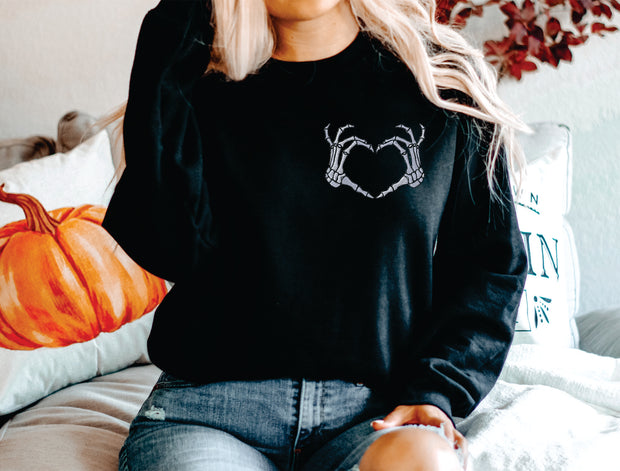 EMBROIDERED HEART SKELLY HANDS ADULT CREWNECK SWEATSHIRT