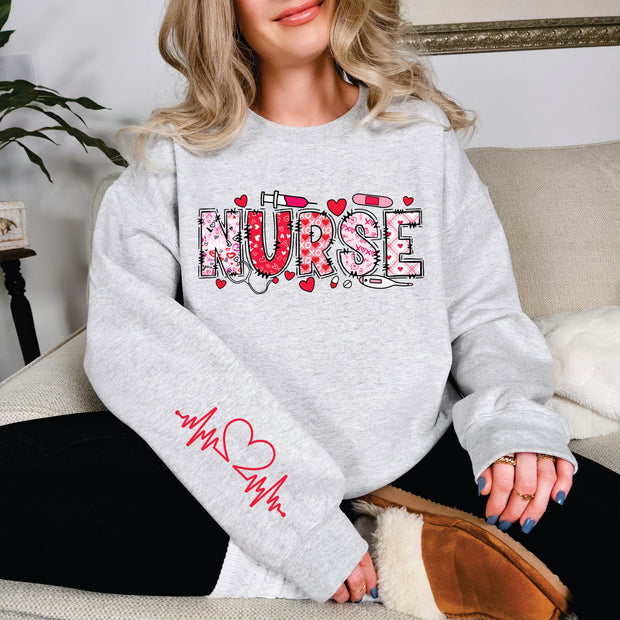 HEART NURSE WITH HEARTBEAT ON SLEEVE ADULT CREWNECK SWEATSHIRT