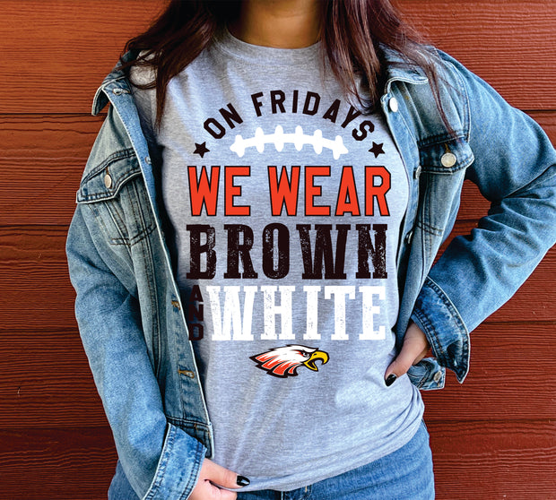 ON FRIDAYS WE WEAR BROWN AND WHITE ADULT SHORT SLEEVE