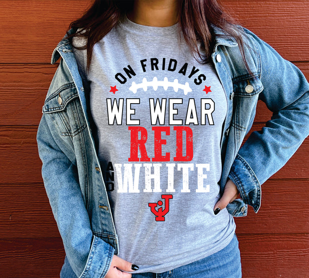 ON FRIDAYS WE WEAR RED AND WHITE ADULT SHORT SLEEVE